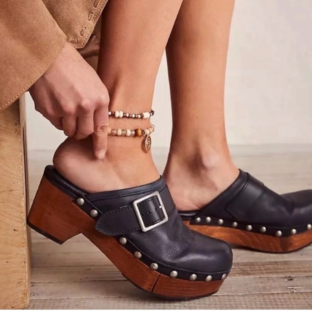 We The Free Black Leather Mules with Wooden Heel Size 8 1/2 - 9